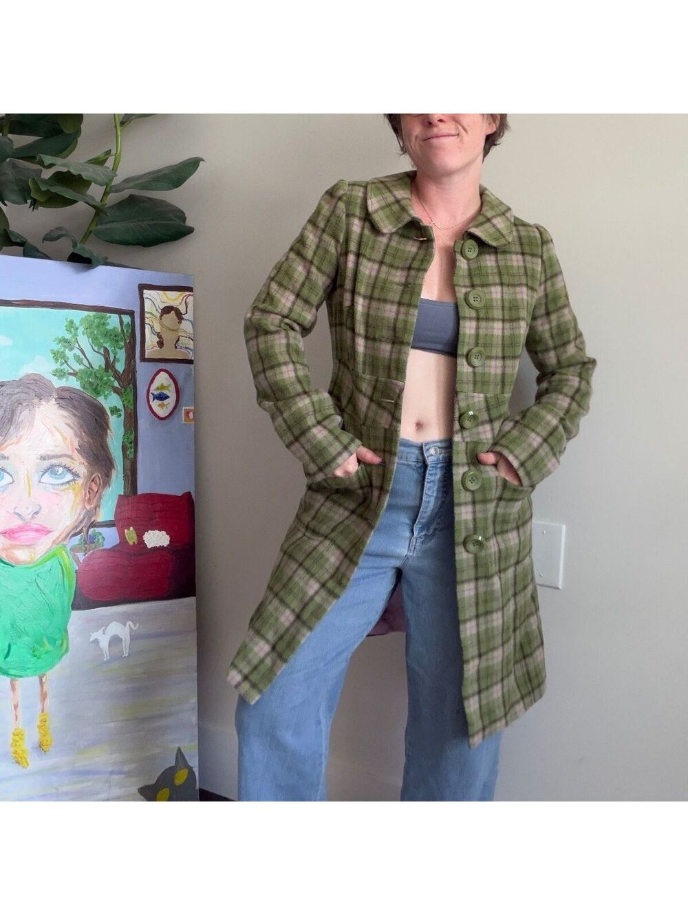 Vintage Y2K green plaid wool coat